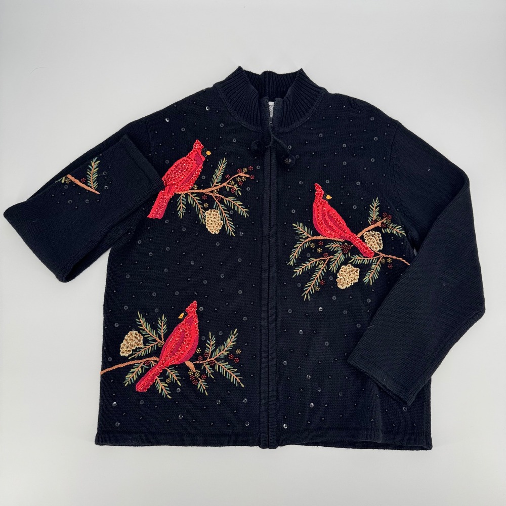 Heirloom Collectibles‎ Cardinal Beaded Zip Cardigan Sweater Women's L Christmas